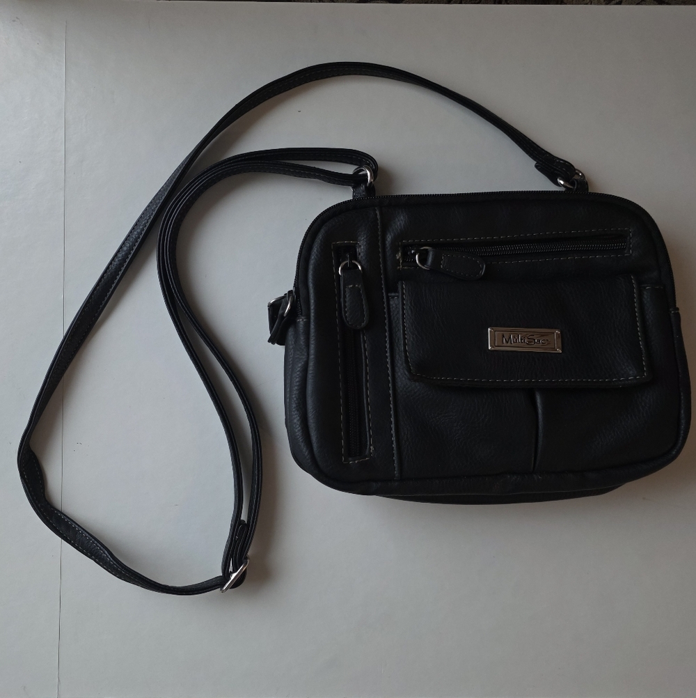 Multi Sac Crossbody Bag/Purse Black Leather 7 Zipper Pockets